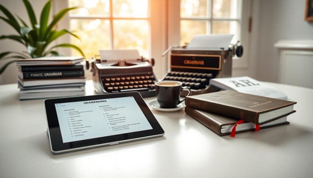 A beautifully lit, high-resolution image of various language learning grammar tools arranged on a clean, minimalist desk. In the foreground, a sleek digital tablet displays interactive grammar exercises. Beside it, a stack of grammar workbooks and a classic hardcover dictionary. In the middle ground, a vintage typewriter and a cup of coffee, symbolizing the timeless craft of language mastery. In the background, a large window floods the scene with soft, natural light, creating a serene, focused atmosphere perfect for productive language study.