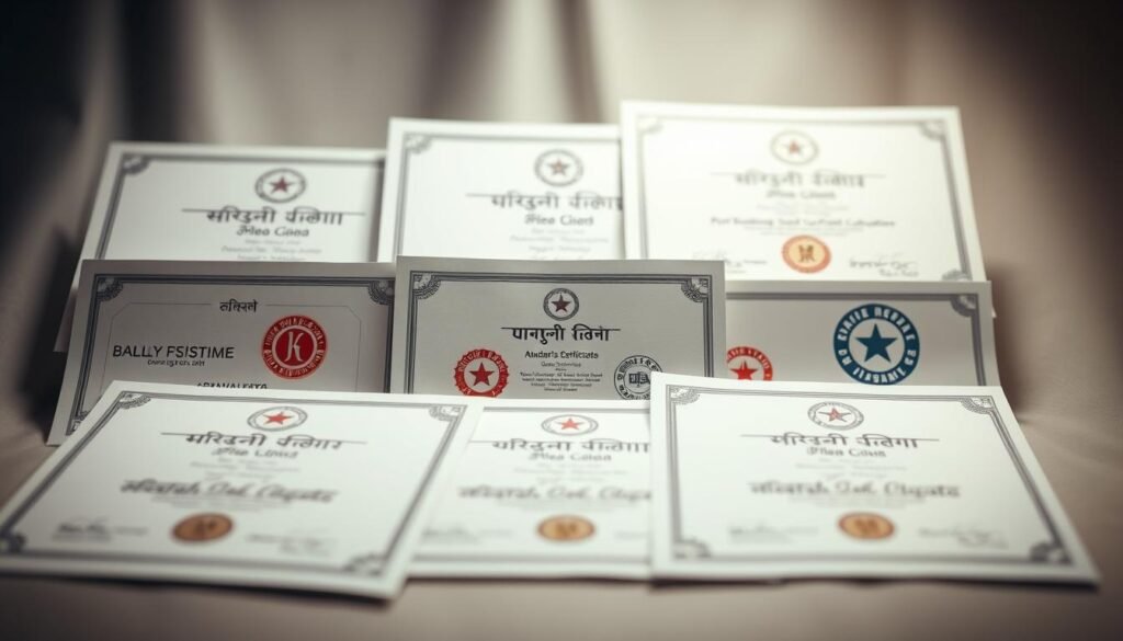 A beautifully lit, high-resolution image showcasing a collection of academic certificates, diplomas, and accreditation seals. The certificates are arranged in a visually striking manner, with a clean, modern layout and a neutral color palette that complements the prestigious nature of the credentials. The certificates are presented against a soft, out-of-focus background, drawing the viewer's attention to the detailed designs and official stamps that convey the authenticity and value of the educational achievements. The lighting is carefully crafted to create a sense of depth and dimension, highlighting the texture and weight of the paper and the precision of the typography. The overall composition is balanced and harmonious, reflecting the significance and significance of the "الشهادات والاعتمادات" (Certificates and Accreditations) in the educational landscape.