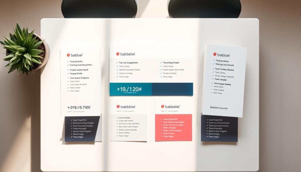 A beautifully-lit overhead shot of a modern, minimalist table displaying Babbel's subscription plans. The plans are presented as clean, elegant cards with crisp typography, vibrant colors, and subtle iconography that instantly communicate the pricing tiers and key features. The lighting is soft and even, creating a warm, inviting atmosphere. The background is a simple, neutral palette that allows the subscription plans to take center stage. The composition is well-balanced, drawing the viewer's eye to the key details of each plan. An air of professionalism and clarity pervades the entire scene, reflecting Babbel's reputation as a premier language learning platform.