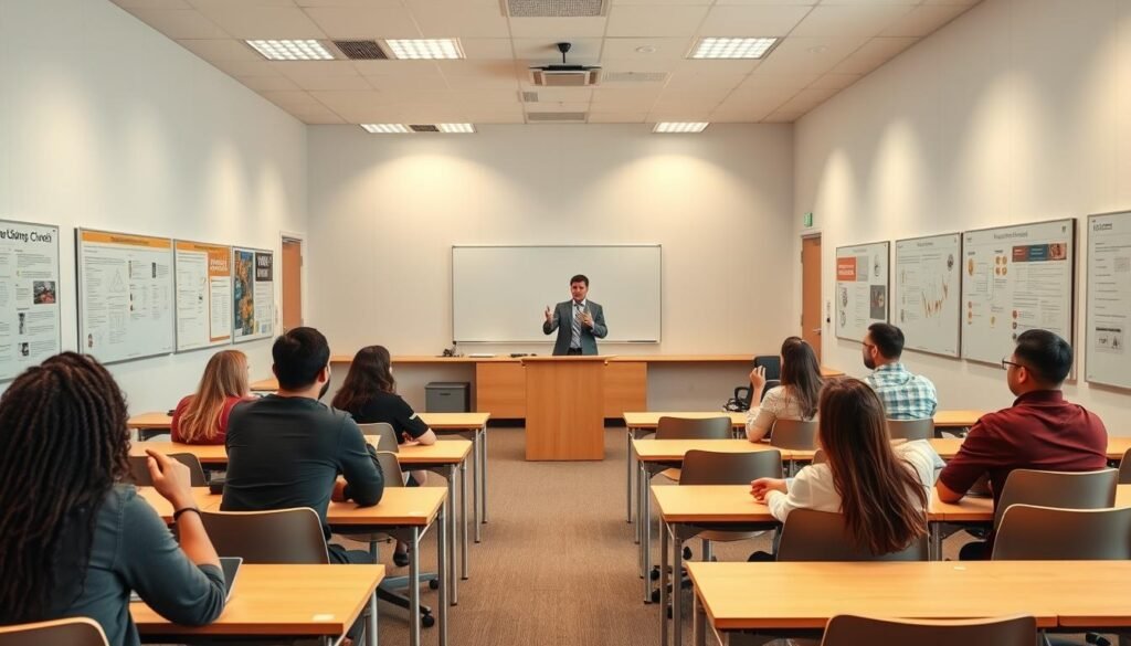 A bright, modern classroom setting with rows of desks and chairs arranged in a semicircle. In the center, a charismatic instructor stands at a podium, gesturing animatedly as they lead an engaging discussion. The walls are adorned with educational posters and whiteboards, creating a dynamic and stimulating learning environment. Soft, warm lighting illuminates the scene, casting a welcoming glow. The students, a diverse group of attentive individuals, lean forward, actively participating in the expert-led learning experience. The overall atmosphere radiates a sense of intellectual curiosity and professional development.
