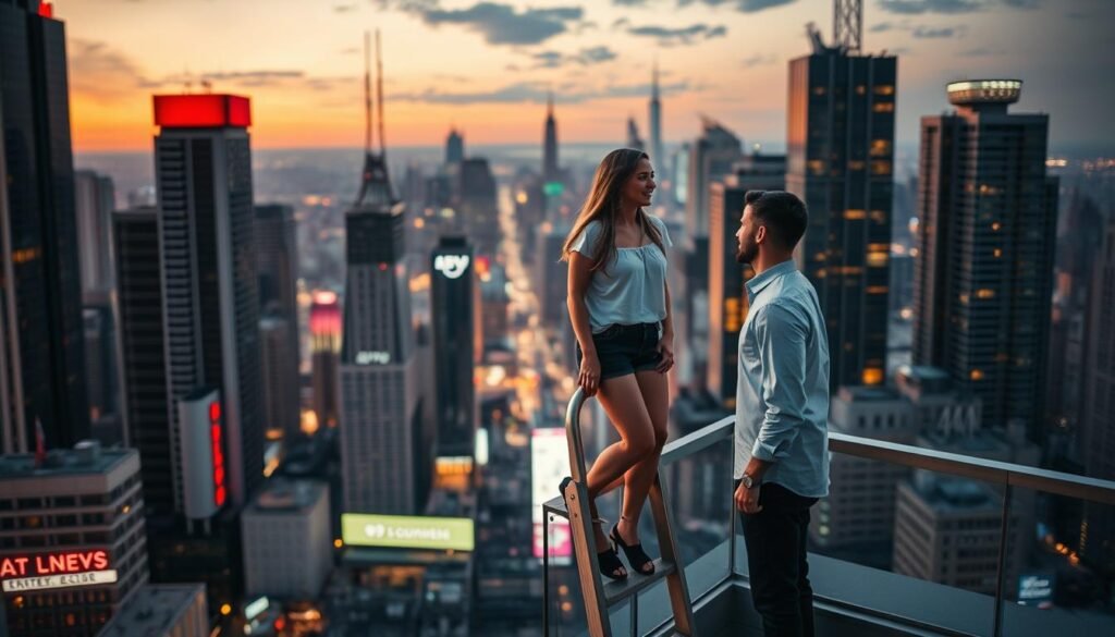 A bustling city skyline at dusk, with a focus on two people standing on a rooftop terrace, engaged in animated conversation. The woman is positioned slightly higher on a ladder-like structure, while the man stands below, gazing up at her. Soft, warm lighting bathes the scene, creating an intimate, contemplative atmosphere. The background is a blend of towering skyscrapers, neon signs, and the fading glow of the setting sun, symbolizing the modern, fast-paced dating landscape. The composition suggests the power dynamics and hierarchical nature of "ladder theory" as it plays out in the context of contemporary relationships.