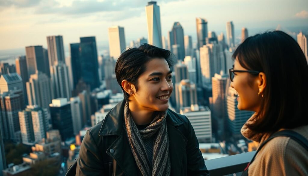 A bustling city skyline with diverse architectural styles, representing the cultural melting pot. In the foreground, two people from different backgrounds engage in a conversation, their body language and facial expressions conveying a subtle disconnect in their understanding of each other's cultural cues. Soft, warm lighting casts an introspective mood, inviting the viewer to ponder the nuances of cross-cultural communication. The scene is captured with a wide-angle lens, emphasizing the contrast between the individual interaction and the broader urban landscape.