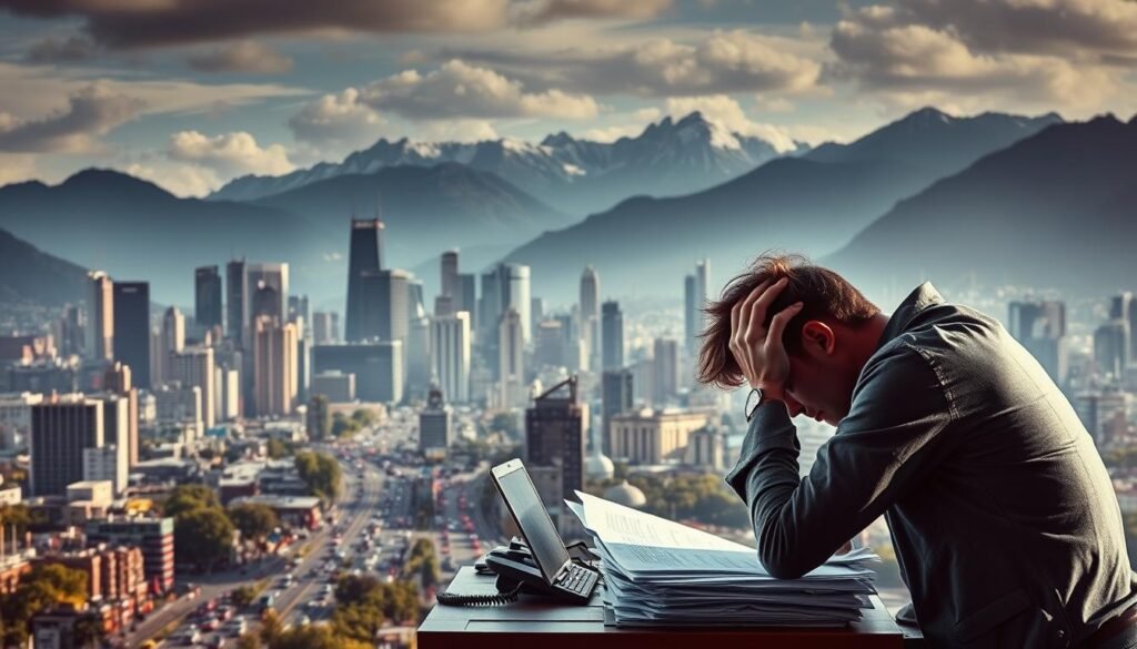 A bustling city skyline with looming skyscrapers, traffic jams, and the constant hum of activity. In the foreground, a stressed-out individual sits hunched over a desk, surrounded by piles of paperwork, a ringing phone, and a laptop screen filled with deadlines. The lighting is harsh, casting dramatic shadows and a sense of overwhelming pressure. In the background, towering mountains loom, suggesting the natural world's tranquility, in contrast with the chaos of the urban environment. The overall atmosphere conveys the overwhelming feeling of chronic stress, the demands of modern life, and the desire to find balance and respite.