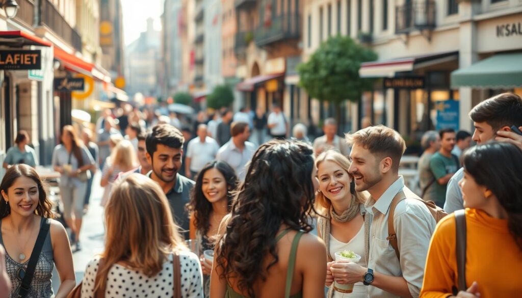 A bustling city street, the foreground filled with a diverse group of people engaged in friendly conversation, their body language and expressions conveying a sense of connection and social ease. In the middle ground, coworkers laughing over a shared lunch, colleagues gesturing animatedly as they discuss a project. The background reveals a vibrant urban landscape, cafes and shops bustling with activity, people navigating the sidewalks with a sense of confidence and belonging. Warm, natural lighting bathes the scene, creating a welcoming, inclusive atmosphere that celebrates the power of social interaction and the development of emotional intelligence.