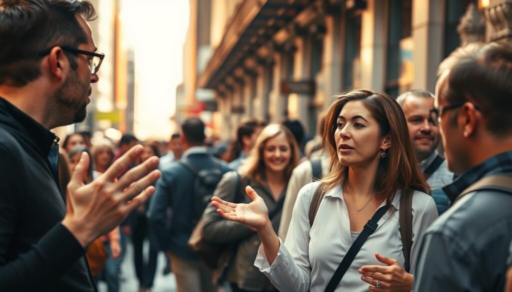 A bustling city street, with people engaged in various gestures and body language, conveying a range of emotions and interactions. In the foreground, a man gesticulating animatedly, his hands and facial expressions emphasizing his words. In the middle ground, a woman listening intently, her posture and gaze focused on the speaker. In the background, a diverse crowd of pedestrians, each exhibiting subtle movements and postures that communicate their unique personalities and states of mind. Warm, natural lighting casts a soft glow, lending an air of authenticity and immediacy to the scene. The overall atmosphere is one of vibrant, non-verbal communication, highlighting the importance of body language in everyday life.