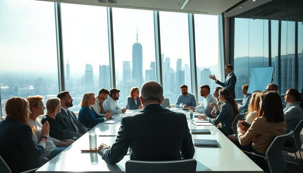 A bustling corporate conference room, sunlight streaming through large windows, illuminating a group of professionals seated at a sleek, modern table, engaged in a lively discussion. In the foreground, a presenter stands at a podium, gesturing animatedly as they deliver a training session. The middle ground showcases a diverse array of employees, some taking notes, others nodding in agreement. The background features a striking cityscape, hinting at the global reach of the professional training program. The overall atmosphere conveys a sense of productivity, collaboration, and a commitment to continuous learning and growth.