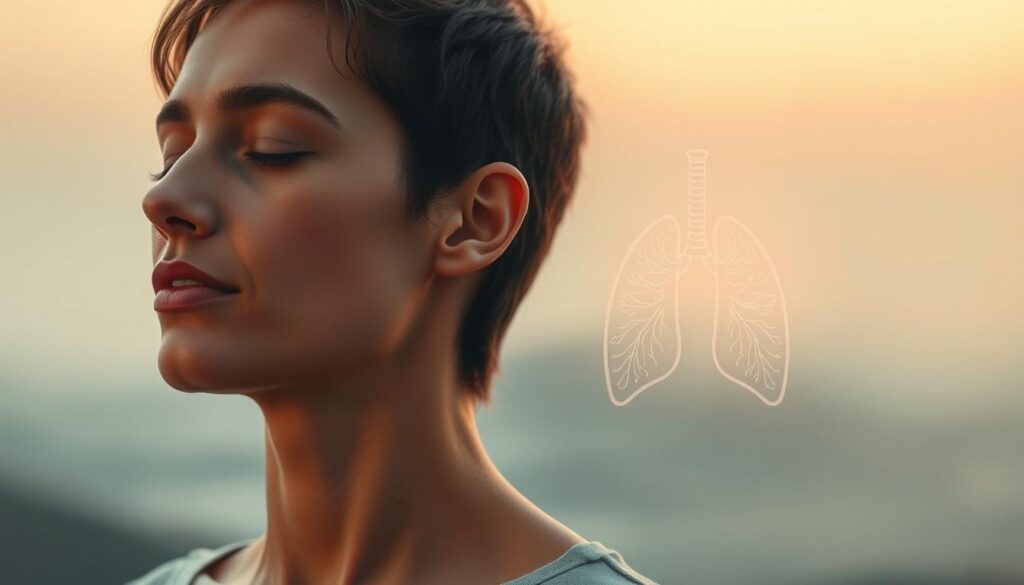 A calm, serene scene depicting respiratory health protection. In the foreground, a person taking a deep, restorative breath, with a zen-like expression. In the middle ground, a stylized illustration of the respiratory system, glowing with vitality. In the background, a soothing, abstract landscape with soft gradients of calming colors. Warm, diffuse lighting creates a tranquil atmosphere. The composition emphasizes the balance and harmony of healthy breathing, conveying a sense of well-being and preventative care.