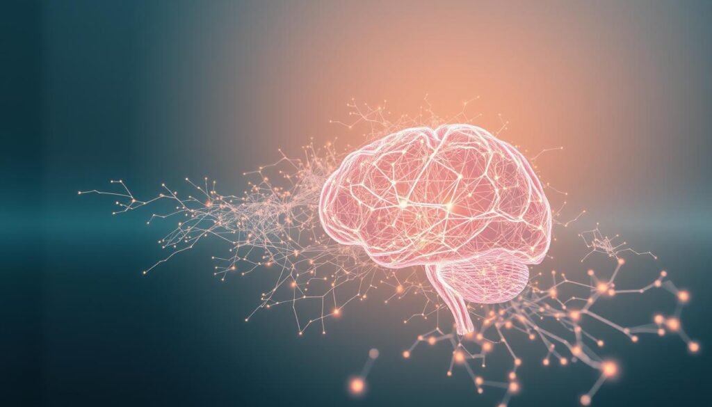 A captivating visual representation of the neural visualization technology known as NeuroVizr. Set against a serene, minimalist backdrop, a vibrant, interconnected neural network sprawls across the frame, its intricate pathways and nodes illuminated by a soft, warm glow. The scene exudes a sense of tranquility and clarity, inviting the viewer to contemplate the potential of this innovative approach to enhancing brain health. Subtle, three-dimensional depth and a carefully crafted composition draw the eye inward, highlighting the complexity and beauty of the human mind's inner workings. This image effectively captures the essence of the NeuroVizr technology and its promise to unlock new frontiers in cognitive well-being.