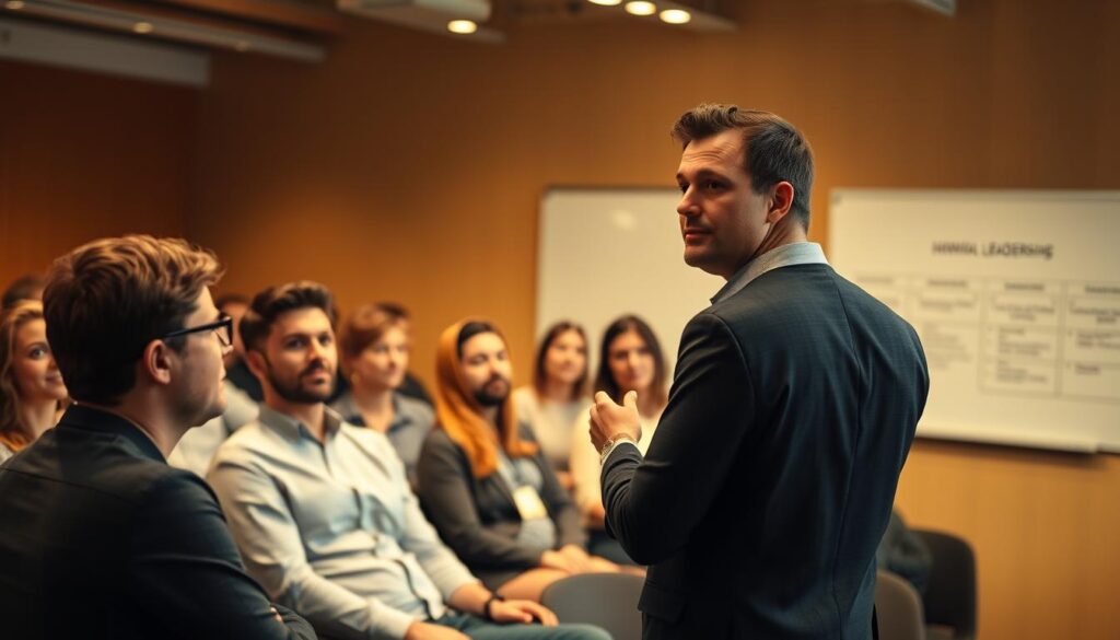 A classroom setting filled with engaged participants, listening intently as a dynamic leader stands at the front, gesturing with purpose. Warm lighting casts a soft glow, highlighting the focused expressions of the group. The leader's confident posture and authoritative yet approachable demeanor set the tone for an immersive leadership training session. In the background, a wall-mounted whiteboard displays a visual outline of the curriculum, drawing the eye to the educational nature of the scene. The overall atmosphere conveys a sense of professional development, personal growth, and the nurturing of emotional intelligence within a structured, yet inviting environment.