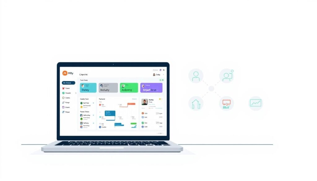 A clean, minimalist illustration of the key features of the Nifty project management tool. In the foreground, a sleek, modern laptop screen displays the Nifty interface, showcasing its intuitive task planning, team collaboration, and progress tracking capabilities. The middle ground features elegant, abstract icons representing Nifty's core functionalities. The background has a soft, blurred effect, creating a sense of depth and focus on the main elements. The overall composition conveys the tool's efficiency, versatility, and user-friendly design, aligning with the "Nifty Project Management: For Successful Projects" theme.