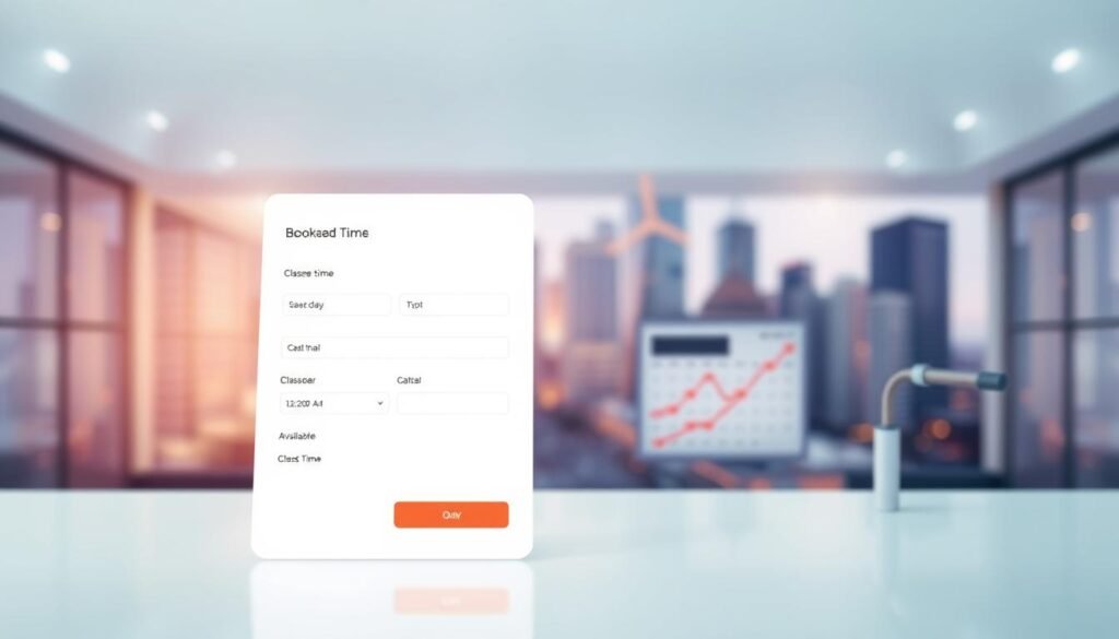 A clean, minimalist interface with a bright, airy atmosphere. In the foreground, a simple booking form with sleek fields and intuitive layouts. In the middle ground, a calendar module displaying available class times, with smooth animations and clear visuals. The background features a blurred, out-of-focus cityscape, hinting at the global reach of the platform. Soft, indirect lighting creates a welcoming, professional ambiance, while a subtle gradient adds depth and visual interest. The overall composition conveys a sense of effortless simplicity and user-friendliness, reflecting the "Booking Process Simplified" theme.