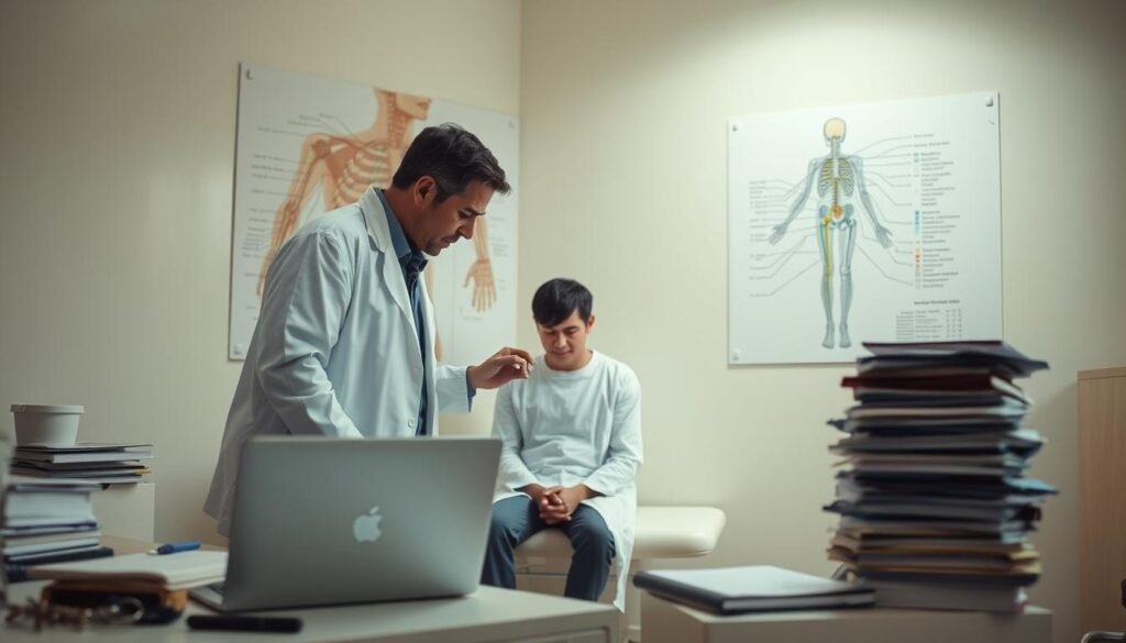 A clinical examination room illuminated by soft, natural lighting. In the foreground, a doctor's desk with a laptop, medical instruments, and a stack of patient files. On the wall, a large anatomical diagram depicting the human nervous system. In the middle ground, a patient sitting on an examination table, appearing fatigued and listless. The doctor, dressed in a white coat, is leaning in, intently observing the patient and making notes. The atmosphere is one of contemplation and careful diagnostic investigation, reflecting the complexity and challenge of chronic fatigue syndrome.