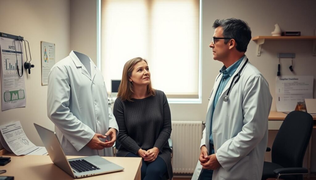 A clinical examination room with a desk, laptop, and medical instruments. A doctor in a white coat stands beside a patient, discussing mental health assessment methods. Warm lighting illuminates the scene, creating a thoughtful, professional atmosphere. The patient's expression conveys openness and trust. Subtle details like charts, diagrams, and a psychological evaluation form suggest the diagnostic process. The composition emphasizes the collaborative nature of mental health diagnosis, with the doctor and patient engaged in a meaningful dialogue.