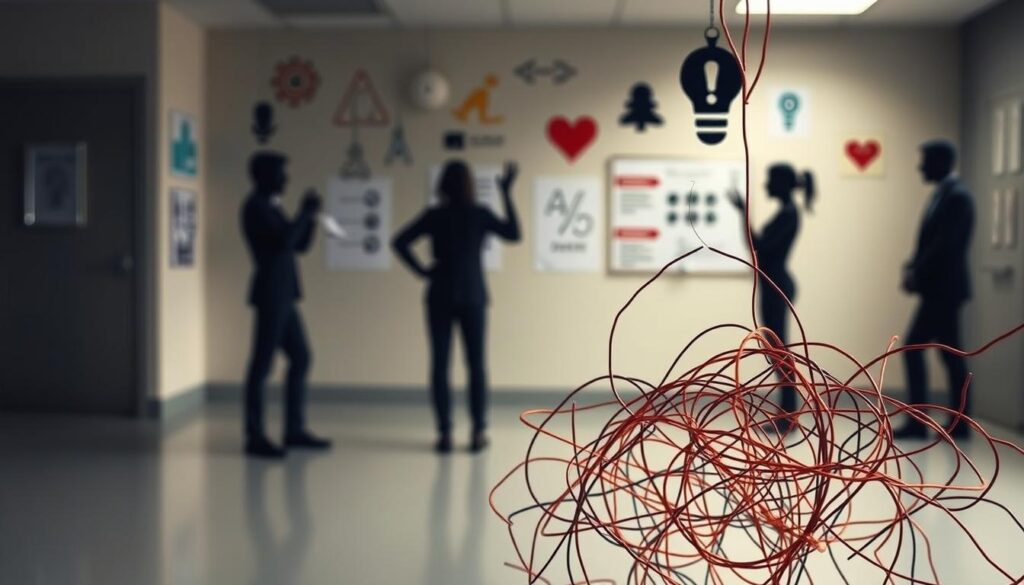 A clinical setting with various mental health disorder symbols intertwined. In the foreground, a tangled web of threads representing the complex connections between histrionic personality disorder and related conditions like narcissistic, borderline, and antisocial personality disorders. In the middle ground, silhouettes of people with expressive, emotive gestures indicative of these disorders. The background features a muted, institutional palette with subtle visual cues alluding to diagnostic tools, treatment options, and the challenges of comorbidities. Soft, indirect lighting casts an air of introspection and the pursuit of understanding these intricate psychological states.