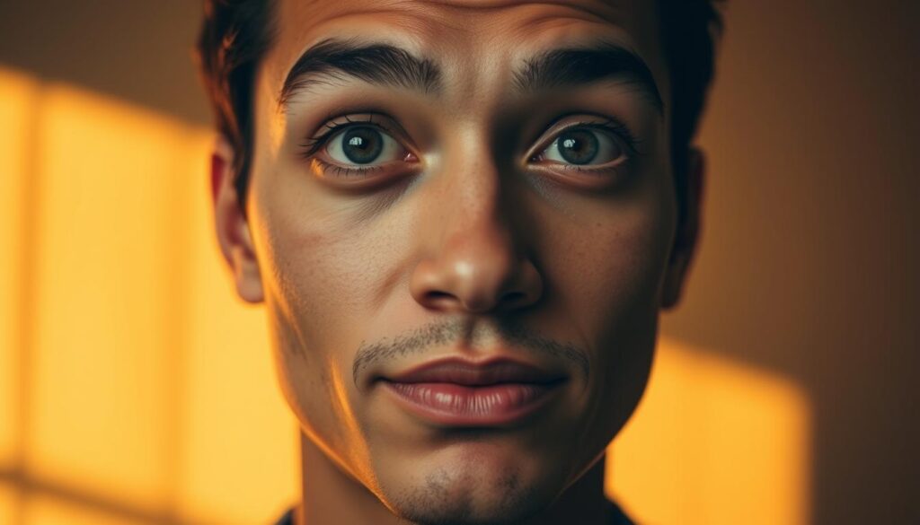 A close-up portrait of a person's face, lit by warm, natural lighting. The subject's eyebrows are slightly raised, eyes attentive, and lips slightly parted, conveying a contemplative, thoughtful expression. The facial features are distinct and well-defined, with emphasis on the chin, cheeks, and forehead. The background is blurred, placing the focus entirely on the subject's expressive body language and facial cues. The overall mood is introspective and inviting, capturing the essence of nonverbal communication.