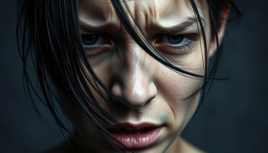 A close-up portrait of a person's face, with haunted, sunken eyes and a hollow, pained expression. The skin is sallow and the lips are parted in a silent cry. Wisps of dark hair partially obscure the face, adding to the sense of turmoil and inner torment. The background is a muted, muted palette of grays and blues, evoking a somber, melancholic atmosphere. The lighting is dramatic, casting deep shadows that accentuate the subject's distressed features. The overall composition conveys the profound emotional and psychological struggles associated with borderline personality disorder.