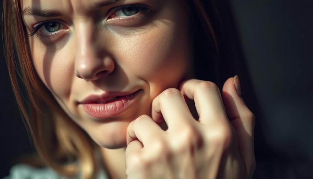 A close-up portrait of a woman's face, with her hand gently touching her cheek, exhibiting subtle signs of deception. The lighting is soft and diffused, casting shadows that accentuate the contours of her features. Her eyes are slightly narrowed, and her lips are pursed in a slight, ambiguous smile. The background is blurred, keeping the focus on the expressive face and the gesture, conveying a sense of unease and hidden intentions. The composition and the overall mood suggest a complex, nuanced interpretation of the body language associated with deception.
