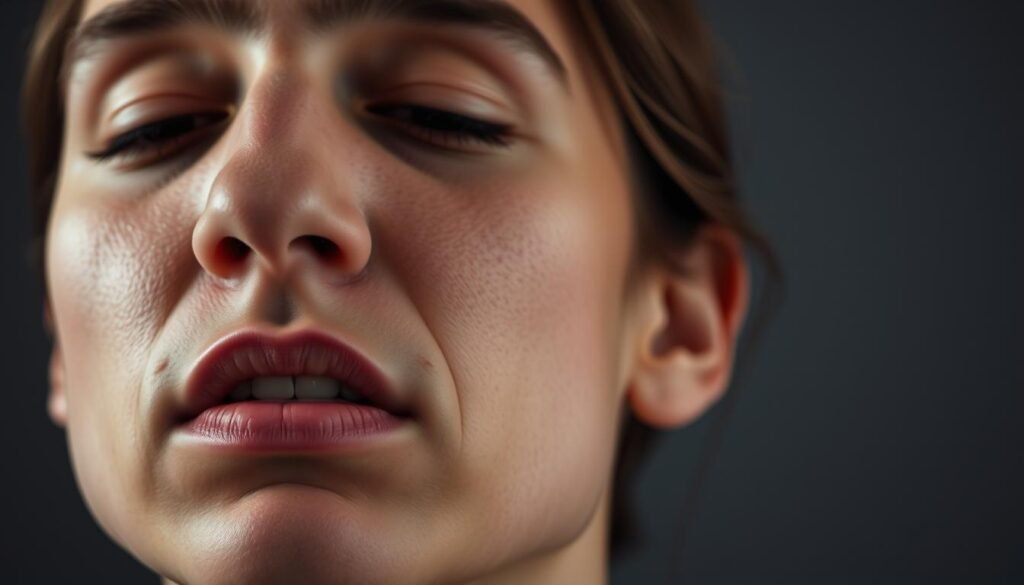 A close-up portrait showcasing the expressive face of a person, capturing the nuanced movements and subtle changes in their facial features. The lighting is soft and directional, highlighting the contours and details of the skin, with a shallow depth of field that keeps the focus on the face. The background is blurred and muted, placing all emphasis on the subject's facial gestures and nonverbal cues. The image conveys a sense of contemplation, introspection, and the inner workings of the human psyche as manifested through the language of the body.