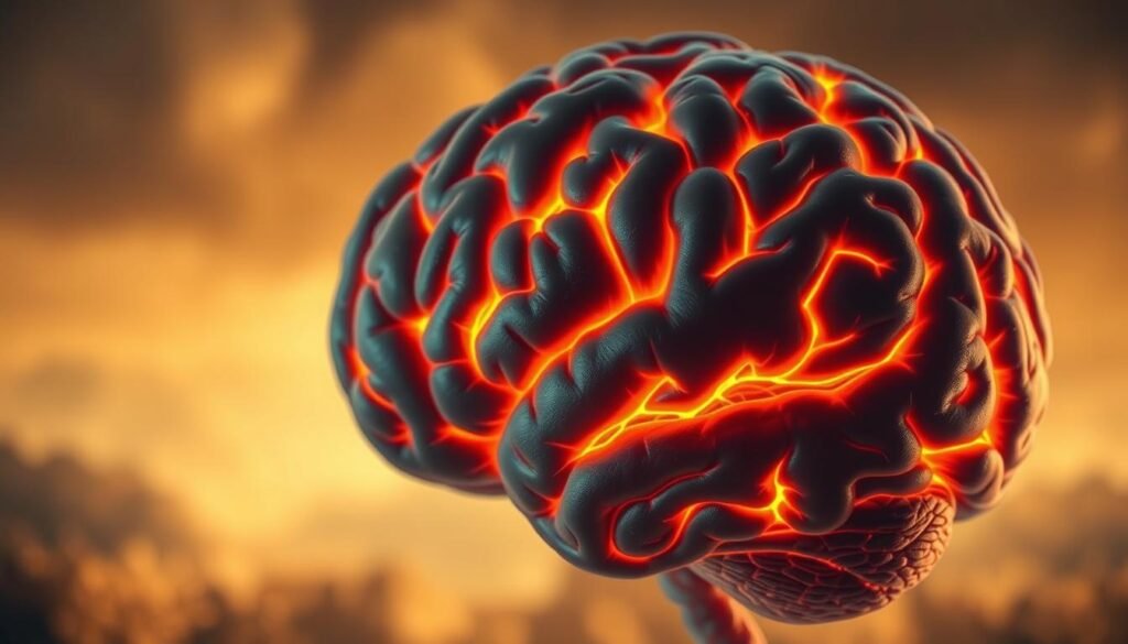 A close-up view of a human brain, with intricate neural pathways and connections illuminated in a soft, warm light. The brain appears fatigued, with subtle signs of inflammation and discoloration. In the background, a hazy, atmospheric landscape evokes a sense of the mental and physical exhaustion associated with myalgic encephalomyelitis chronic, or Chronic Fatigue Syndrome. The composition is balanced, with the brain occupying the central focus, surrounded by an ethereal, dreamlike environment that suggests the complex and often invisible nature of this debilitating condition.