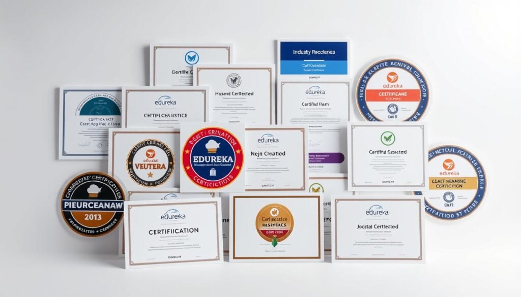 A collection of industry-recognized certifications, each emblazoned with its respective logo, arranged in a visually striking composition. The certifications are displayed against a clean, minimalist background, with a soft, diffused lighting that accentuates their professional, authoritative presence. The layout is meticulously organized, with the certifications strategically positioned to create a sense of balance and harmony. The overall impression conveys the credibility, expertise, and the wide range of certifications available, reinforcing the notion of Edureka as a trusted provider of high-quality online courses and certifications for professionals.