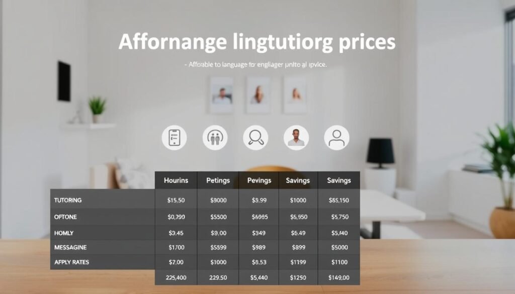 A comprehensive comparison of affordable language tutoring prices, showcasing a sleek and modern interface. The foreground features a clean table with tutoring options, hourly rates, and savings, presented in a clear and organized manner. The middle ground includes various tutoring session icons, such as video calls and messaging, to convey the online nature of the service. The background depicts a minimalist setting with soft lighting, creating a professional and inviting atmosphere. Detailed information is provided without overwhelming the viewer, allowing them to easily assess the value proposition of the language tutoring platform.