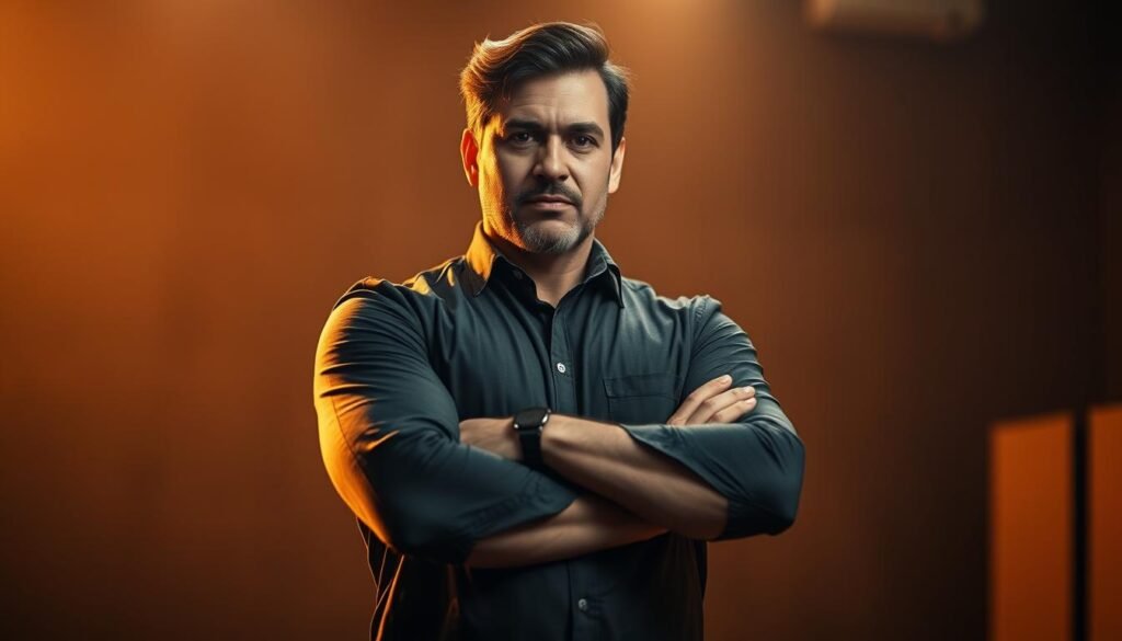 A confident individual standing in a powerful, authoritative pose, with their arms crossed and a resolute expression on their face. The lighting is warm and dramatic, creating a sense of purpose and determination. The background is blurred, keeping the focus on the subject's body language and facial features. The composition emphasizes the subject's presence and influence, conveying the idea of using non-verbal communication to build trust and impact.