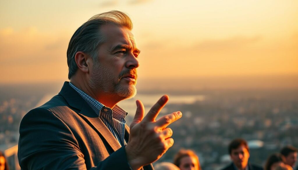 A confident leader stands tall, their gaze fixed on the horizon, radiating a sense of purpose and determination. The scene is bathed in warm, golden light, casting a subtle glow on their face and highlighting the sharp, angular features that command respect. The leader's body language is poised and authoritative, one hand gesturing emphatically as they articulate their vision to a group of attentive followers. In the background, a sprawling cityscape or scenic landscape serves as a backdrop, suggesting the leader's ability to see the bigger picture and guide their team towards a brighter future.