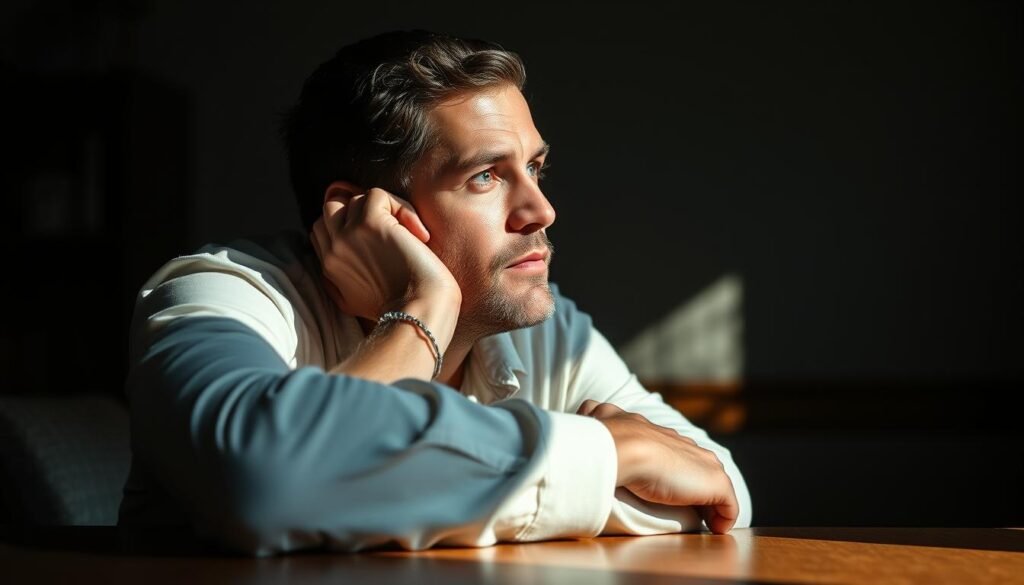 A contemplative man resting his hand against his cheek, his elbow propped up on a wooden table. Soft, natural lighting illuminates his thoughtful expression, his gaze fixed in the distance. The scene exudes a pensive, introspective mood, capturing the essence of the "hand on cheek" body language. The composition is balanced, with the man's silhouette centered and the background blurred to focus attention on his introspective pose. Rendered with a painterly, atmospheric style that evokes a sense of quiet contemplation.