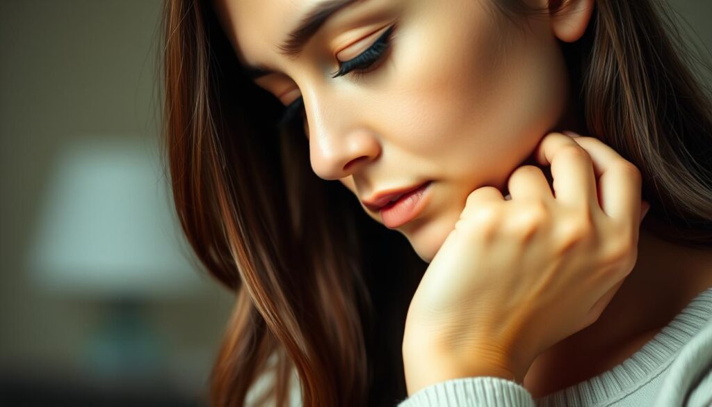 A contemplative woman gently resting her hand on her chin, her eyes downcast in thoughtful introspection. Soft, diffused lighting casts a warm, pensive atmosphere. The frame captures a close-up view, emphasizing the delicate gesture and facial expression. The background is subtly blurred, keeping the focus on the woman's pose and demeanor. The overall mood is one of quiet contemplation, subtly conveying the nuanced differences in body language between men and women.