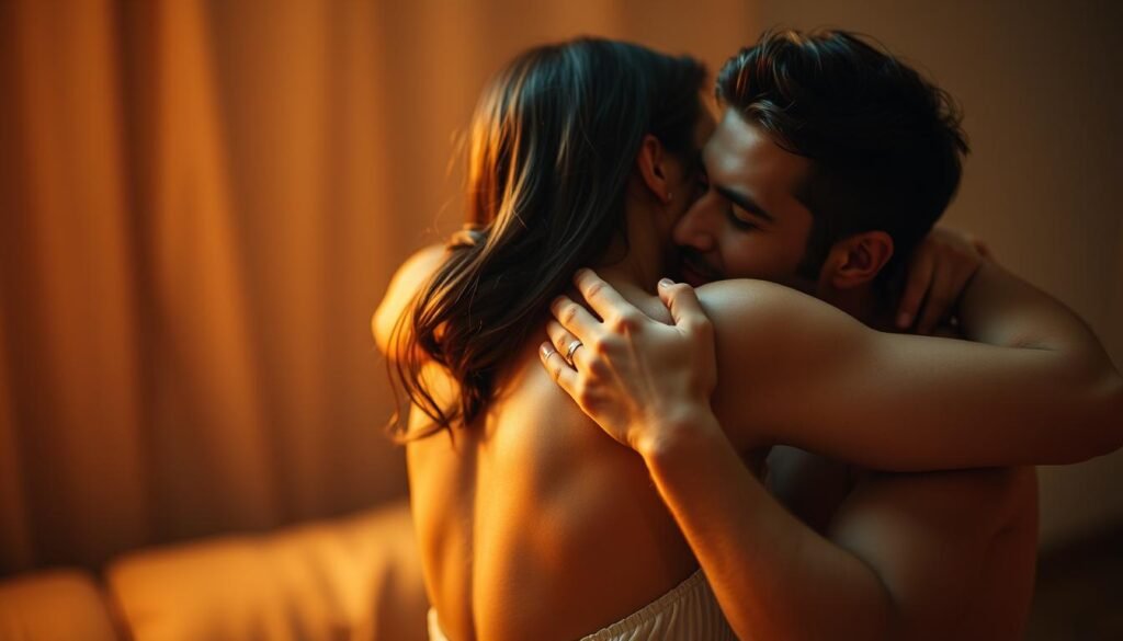 A couple embracing passionately, their bodies intertwined, conveying the deep emotional and physical connection between them. Soft, warm lighting illuminates their skin, creating an intimate, sensual atmosphere. The background is blurred, focusing attention on the couple's intimate moment. The image captures the harmony between emotional and physical intimacy, reflecting the profound impact of love on one's overall well-being.