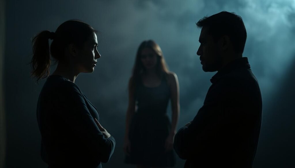 A couple engaged in a tense, strained interaction, set against a dimly lit, emotionally charged backdrop. The foreground depicts the figures facing each other, their body language and facial expressions conveying a sense of mistrust, defensiveness, and emotional distance. The middle ground is slightly blurred, evoking a sense of uncertainty and unease. The background is hazy, with muted colors and subtle shadows, creating an atmosphere of unresolved conflict and the psychological strain of false accusations. Soft, dramatic lighting casts dramatic shadows, underscoring the emotional weight of the scene. The overall mood is one of unease, tension, and the profound impact of false accusations on relationship dynamics.