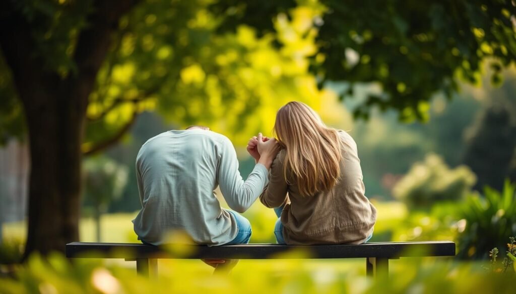 A couple sitting on a bench, their hands clasped together in a gesture of reconciliation. The foreground is soft-focused, with the two figures embracing and leaning towards each other, conveying a sense of vulnerability and tentative trust. The middle ground features a blurred, lush garden scene, with vibrant greenery and dappled sunlight filtering through the leaves. The background is hazy, suggesting a tranquil, secluded environment that allows for this intimate moment of reconnection. The lighting is warm and gentle, creating a sense of hope and the possibility of renewal. The overall atmosphere is one of tentative yet hopeful restoration of a broken bond.