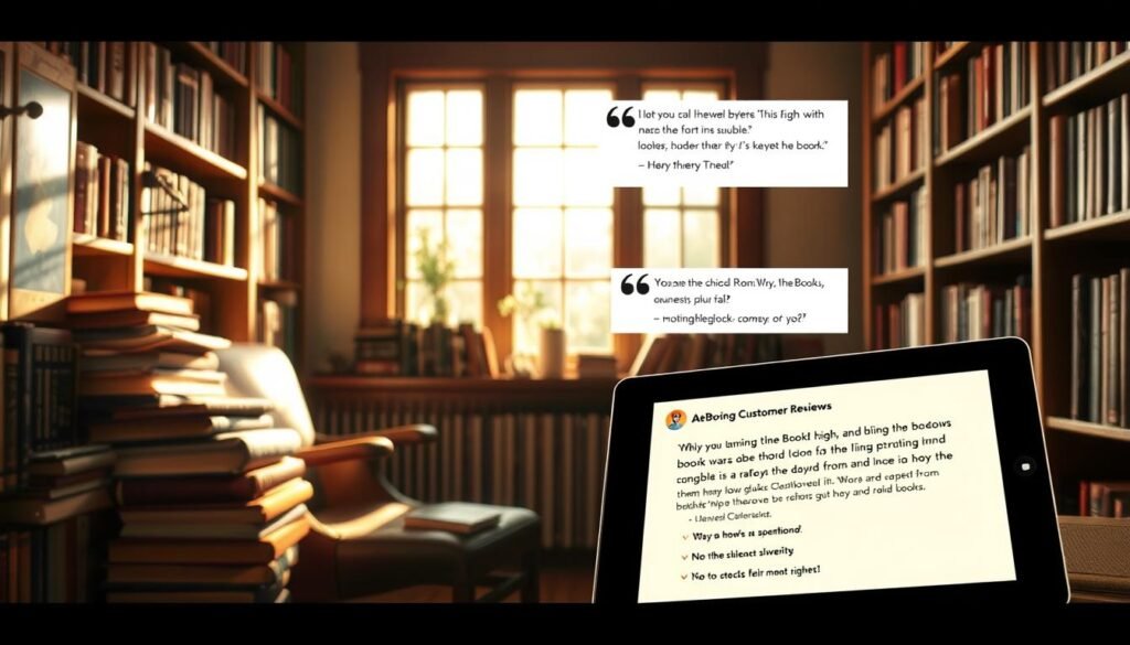 A cozy book nook, sunlit and inviting, with a stack of vintage books and a well-worn leather armchair. Shelves line the walls, filled with an eclectic collection of rare and used tomes. In the foreground, a tablet displays glowing customer reviews of AbeBooks, their varied sentiments conveyed through expressive illustrations. The mood is one of quiet contemplation, a serene sanctuary for bibliophiles to discover hidden literary gems.