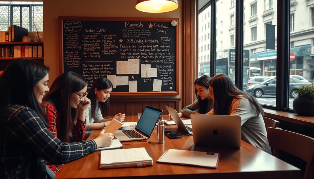 A cozy coffee shop interior, with warm lighting and wooden furnishings. In the foreground, a group of students are huddled around a table, laptops and notebooks open as they discuss the Magoosh GRE prep app. The middle ground features a bulletin board covered in positive user reviews, handwritten notes, and stars. In the background, a large window overlooking a bustling city street, creating a sense of connection between the study session and the outside world. The overall atmosphere is one of focused productivity and a shared sense of purpose as the students navigate their GRE journey.
