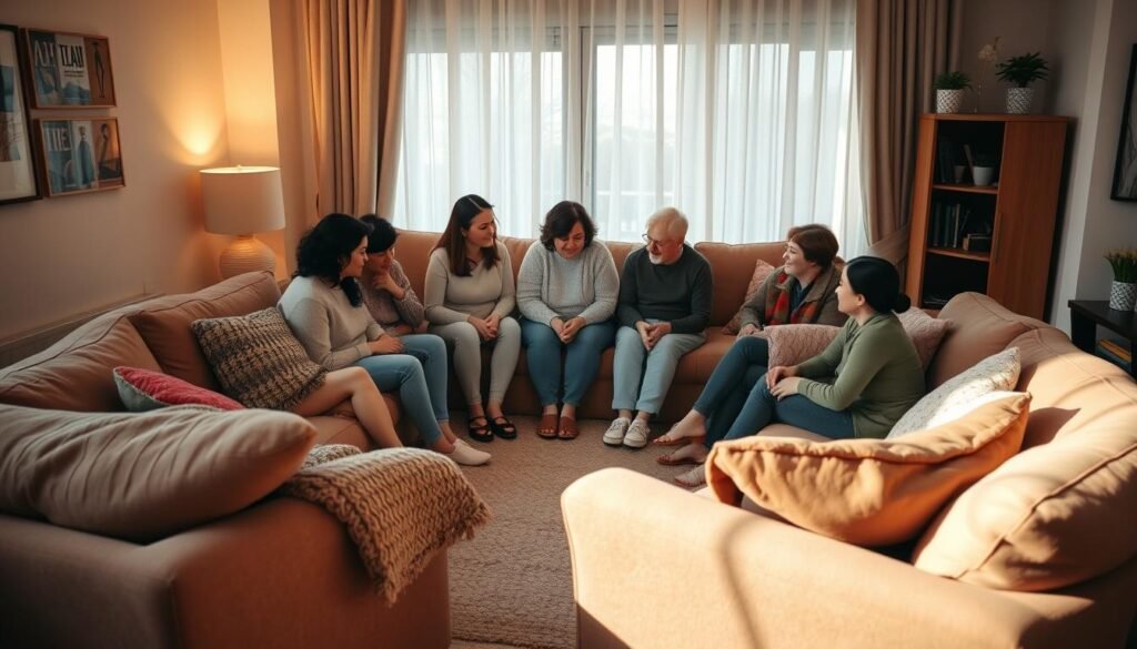A cozy living room with plush sofas and armchairs arranged in a circle, creating an intimate, supportive atmosphere. The room is bathed in warm, diffused lighting, casting a gentle glow on the occupants. In the center, a group of people are gathered, their body language conveying care, empathy, and a sense of community. The individuals are of diverse ages, genders, and backgrounds, symbolizing the inclusive nature of a true support network. Soft textures, such as knitted blankets and throw pillows, add to the comforting ambiance. The overall scene evokes a safe, nurturing environment where individuals can openly share their experiences and find solace in the presence of compassionate, understanding companions.