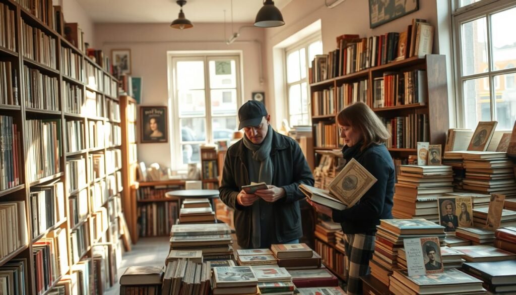 A cozy second-hand bookshop, its shelves brimming with well-worn volumes, their spines telling stories of past readers. Sunlight filters through large windows, casting a warm glow over the scene. A pair of customers, one browsing the fiction section, the other inquiring with the shopkeeper about a rare find. The air is filled with the comforting scent of aged paper and the quiet murmur of conversation. In the background, a neatly organized counter displays vintage postcards and bookmarks, hinting at the shop's eclectic collection. The overall atmosphere conveys the joy of discovering literary treasures and the enduring appeal of physical books.