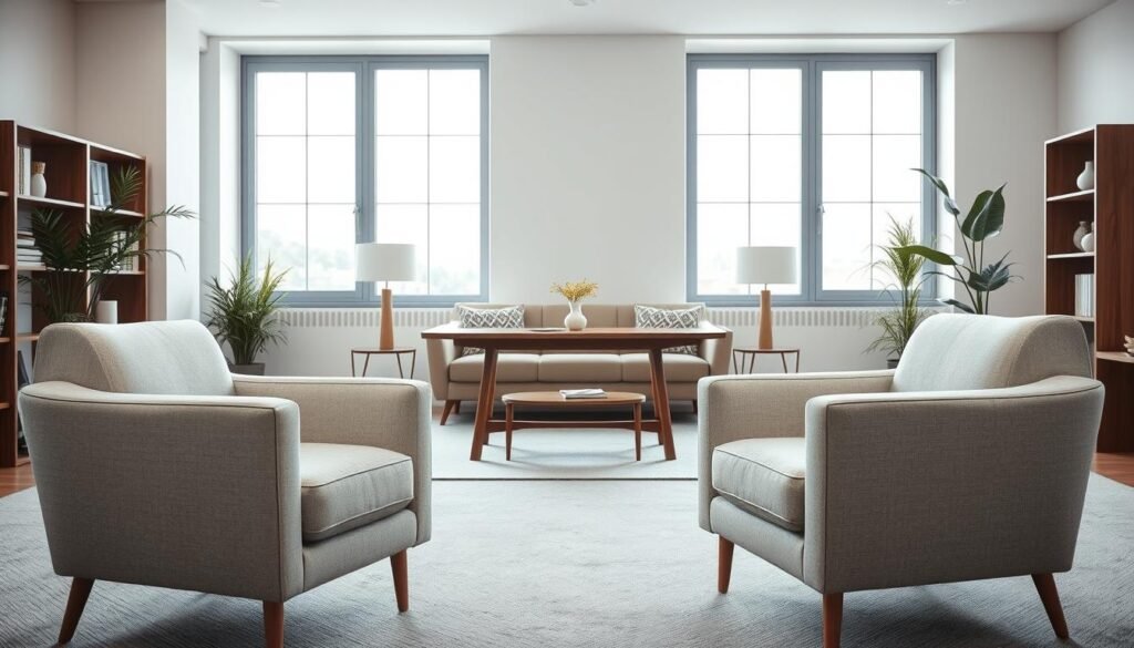 A cozy, tranquil psychotherapy session in a modern, well-lit office. In the foreground, two armchairs face each other, creating an intimate setting for a one-on-one counseling session. The middle ground features a sleek, wooden desk and a comfortable-looking couch, suggesting a space conducive to open and thoughtful dialogue. The background showcases large windows, allowing natural light to flood the room and create a calming, introspective atmosphere. Soft, muted colors and minimalist decor evoke a sense of serenity and professionalism, perfectly suited for the practice of online psychological therapy.