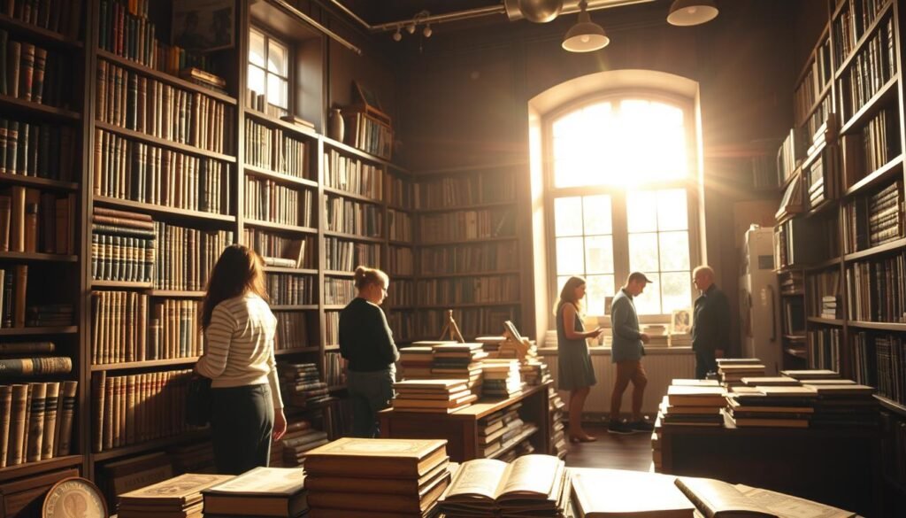 A cozy, well-lit bookshop interior with a diverse collection of rare and used books prominently displayed on wooden shelves. Sunlight streams through large windows, casting a warm glow on the worn leather spines and antique dust jackets. A few customers browse the shelves, their faces illuminated by the soft, ambient lighting. In the foreground, a table showcases a selection of the most unique and valuable tomes, their covers intricately detailed. The overall scene conveys a sense of quiet contemplation and the thrill of discovering literary treasures.