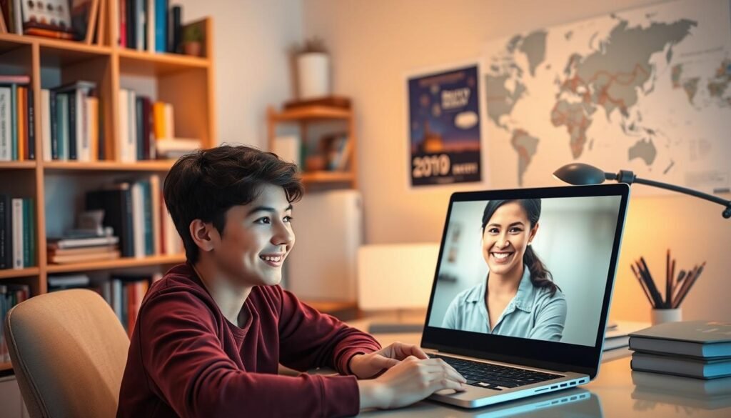 A cozy, well-lit home office setting with a young adult learner sitting at a desk, engaged in an online video call with a friendly-looking native speaker tutor. The learner's face is lit by the glow of the laptop screen, creating a warm, intimate atmosphere. In the background, a bookshelf filled with language learning resources and a world map on the wall, suggesting a global, multilingual environment. The tutor's image is prominently displayed on the laptop screen, their expression encouraging and attentive. The overall scene conveys the personalized, interactive nature of the language learning experience facilitated by AmazingTalker.
