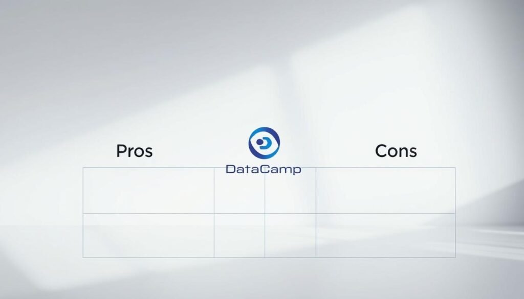 A crisp, well-lit comparison chart illustrating the pros and cons of using DataCamp for online data science education. The foreground features a clean, minimalist table with two columns labeled "Pros" and "Cons", highlighting key factors in an organized, visually appealing manner. The middle ground showcases a stylized DataCamp logo and branding elements, lending a sense of authority and credibility. The background is a soft, gradient-based color scheme that complements the overall professional, informative tone. Realistic lighting and angles create depth and a polished, high-quality aesthetic suitable for inclusion in a data-focused article.