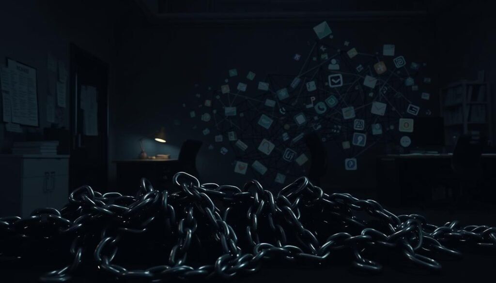 A dark, moody scene depicting the challenges of task management. In the foreground, a tangle of chains and shackles symbolize the constraints and limitations of traditional task management systems. The middle ground features a tangled web of to-do lists, reminders, and notifications, hinting at the overwhelming nature of modern productivity tools. In the background, a dimly lit office space conveys a sense of frustration and claustrophobia. Dramatic lighting casts deep shadows, creating a somber, introspective atmosphere. The overall composition suggests the need for a more streamlined, empowering approach to task management.