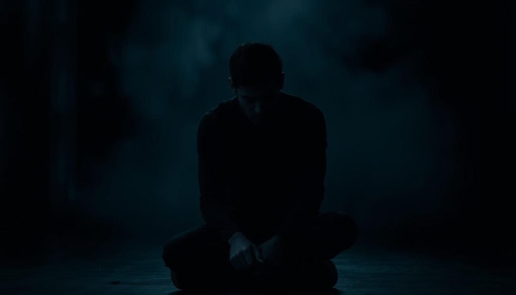 A dark, moody scene depicting the complications associated with antisocial personality disorder. In the foreground, a solitary figure sits alone, their body language withdrawn and disconnected from their surroundings. Their expression is a mix of brooding introspection and a hint of underlying anger. The middle ground is blurred, hinting at the interpersonal challenges and strained relationships that often accompany this condition. The background is shrouded in shadows, conveying a sense of isolation and the sense that the individual is trapped in their own internal world. Dramatic lighting casts dramatic shadows, adding to the somber, melancholic atmosphere. The overall composition and tone evoke the complex, multifaceted nature of the complications arising from antisocial personality disorder.