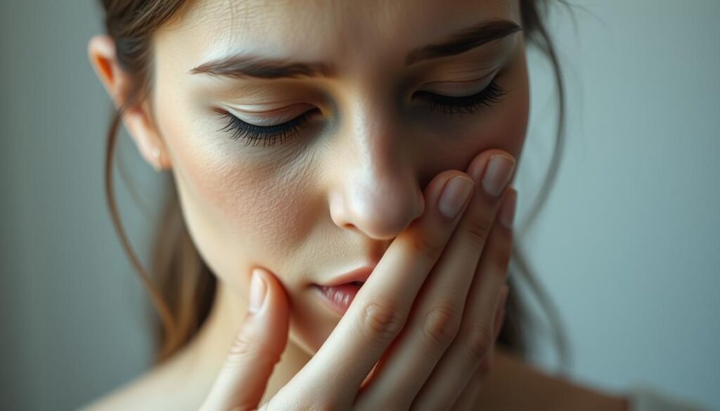 A delicate close-up of a woman's face, her fingers gently caressing her cheek in a tender, contemplative gesture. Soft, diffused lighting bathes the scene, creating a serene, introspective atmosphere. The woman's expression is one of quiet introspection, her eyes cast downward, suggesting a moment of deep thought or emotion. The background is blurred, placing the focus entirely on the tactile interaction between her skin and fingertips, a visual representation of the complex nonverbal communication of facial touch.