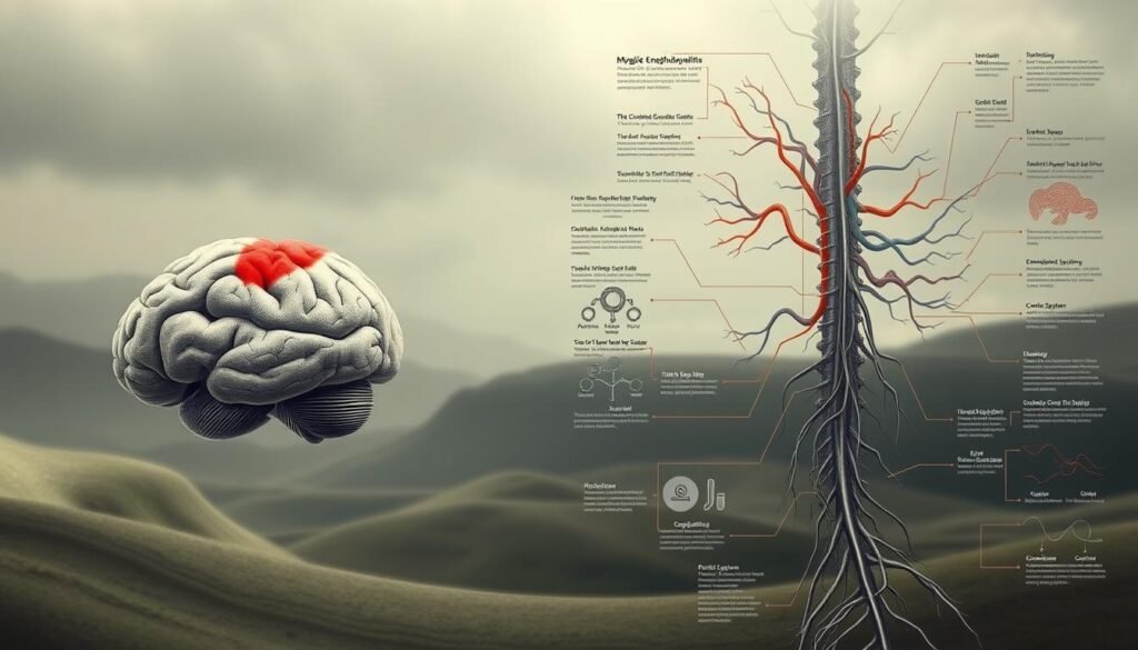 A detailed anatomical illustration showcasing the intricate neural pathways and inflammatory processes associated with myalgic encephalomyelitis, also known as chronic fatigue syndrome. The foreground depicts the brain and spinal cord with emphasis on the affected regions, rendered in muted tones to convey the debilitating nature of the condition. The middle ground highlights the complex interactions between the immune system, endocrine system, and nervous system, depicted through a series of interconnected diagrams and infographics. The background features a soft, hazy landscape, evoking the sense of tiredness and cognitive fog experienced by those living with this chronic illness. The lighting is subdued, creating a somber and contemplative atmosphere, reinforcing the challenging nature of this misunderstood condition.