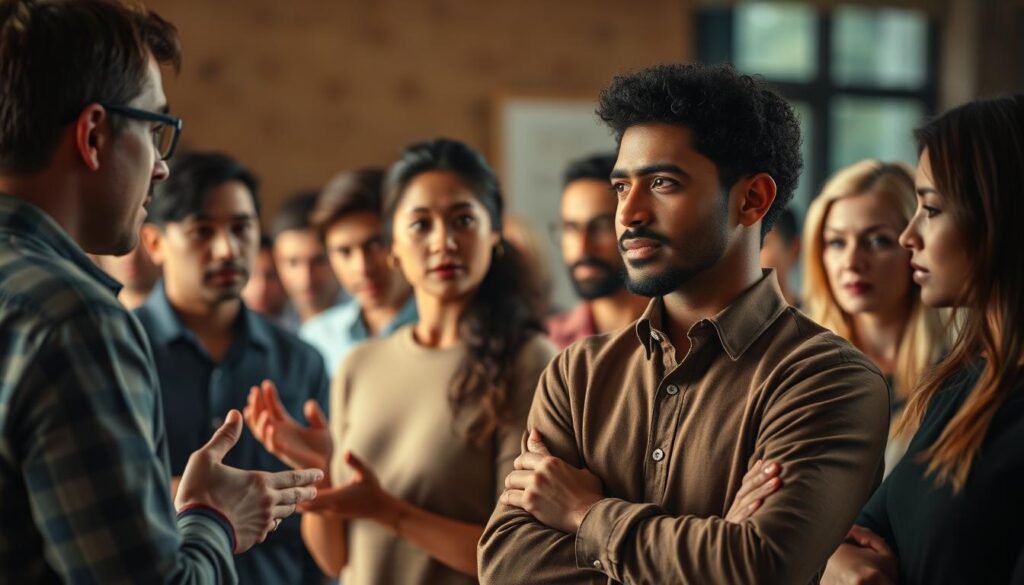 A detailed, cinematic depiction of "body language interpretation" in various scenarios. Show a diverse group of people in realistic, natural poses and gestures, conveying emotions and subtext through their nonverbal communication. Capture the nuances of body language in the foreground, with a blurred, softly-lit background setting the mood. Use warm, earthy tones and gentle shadows to create an inviting, educational atmosphere. Emphasize the universality and complexity of nonverbal expression through varied character types and situations. Craft the image with a sense of subtle mystery, encouraging the viewer to closely observe and interpret the unspoken messages.