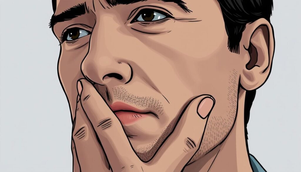 A detailed close-up illustration of a man's face, with his hand gently touching his chin and cheek, conveying a thoughtful, contemplative expression. The lighting is soft and diffused, creating a serene, introspective atmosphere. The background is blurred, allowing the focus to remain on the man's facial features and the subtle gesture of his hand. The image should capture the nuanced meanings and implications of a man's touch on his own face in the context of body language.
