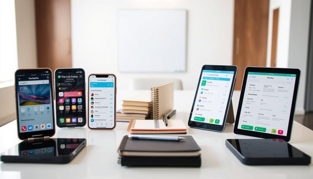 A detailed comparison of various task management apps, presented on a professional-looking desk setup. In the foreground, a collection of smartphones and tablets, each displaying a different app interface. In the middle ground, a series of neatly arranged notebooks and pens, suggesting an organized workspace. The background features a minimalist, well-lit office environment with clean lines and neutral tones, creating a calm and focused atmosphere. The lighting is soft and natural, accentuating the details of the various devices and stationery. The overall composition conveys a sense of efficiency, productivity, and the ability to make an informed decision about the best task management tool.