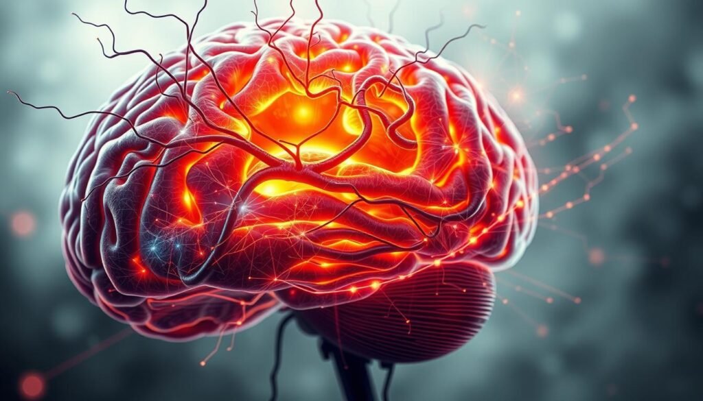 A detailed cross-section of the human brain, showcasing heightened neurological activity associated with social anxiety disorder. The foreground depicts a vibrant web of neural pathways, synapses, and electrical impulses, conveying the complex, hyperactive mental processes that characterize this condition. The middle ground features a glowing, semi-transparent cerebral cortex, with areas of intense activity highlighted in warm tones. The background is bathed in a soft, hazy light, creating a sense of depth and emphasizing the intricate workings of the brain. The overall mood is one of intensity, tension, and the inner turmoil experienced by those living with social anxiety disorder.