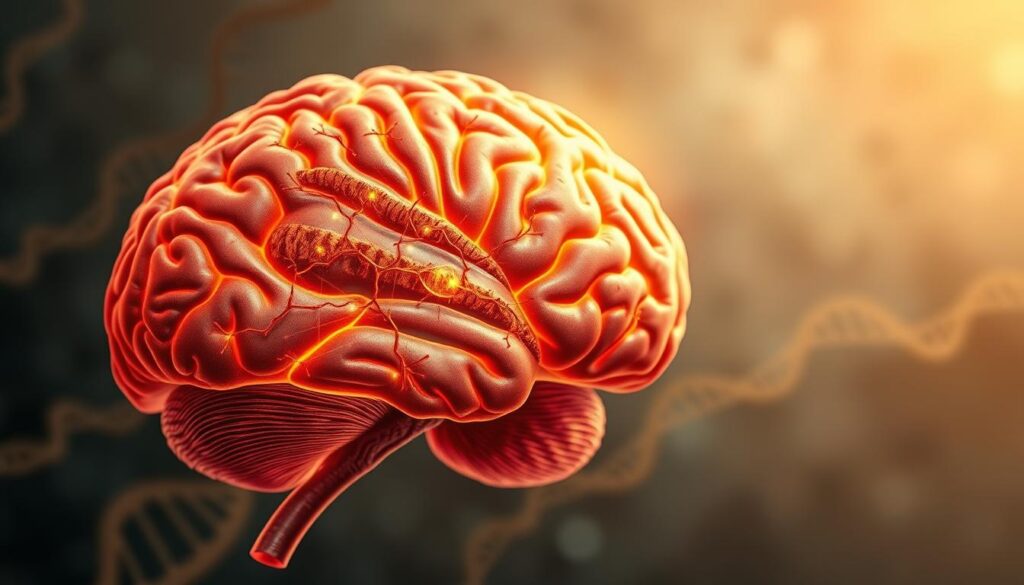 A detailed cross-section view of the human brain, illuminated by a soft, warm light. The focus is on the intricate network of neurons, glial cells, and DNA strands, representing the genetic foundations of brain structure and function. The background is a muted, abstract pattern suggesting the complexity of genetic information. The overall tone is one of scientific curiosity and the desire to understand the biological underpinnings of human cognition and behavior, as might be relevant to the study of obsessive-compulsive disorder.