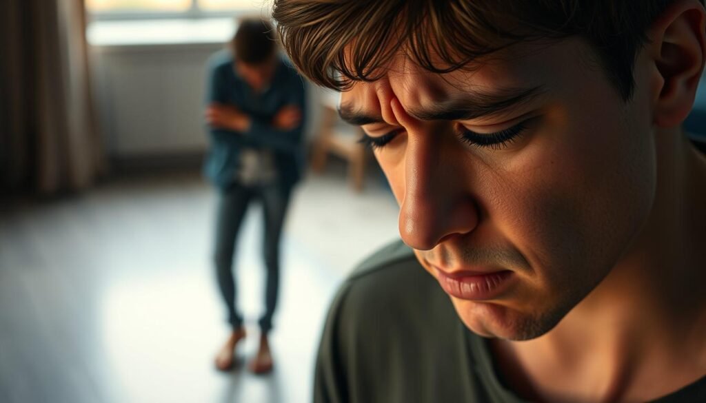 A detailed, emotionally evocative scene depicting the signs and symptoms of social anxiety disorder. In the foreground, a person's face exhibits a pained, worried expression with furrowed brows, downcast eyes, and a slight trembling of the lips. The middle ground shows the person's body language - shoulders hunched, arms crossed tightly, and feet pointing inward, conveying a sense of discomfort and withdrawal. The background is softly blurred, with muted colors and minimal distractions, creating an introspective, isolating atmosphere. Subtle, warm lighting casts a gentle glow, emphasizing the vulnerable, introspective nature of the subject's emotional state.